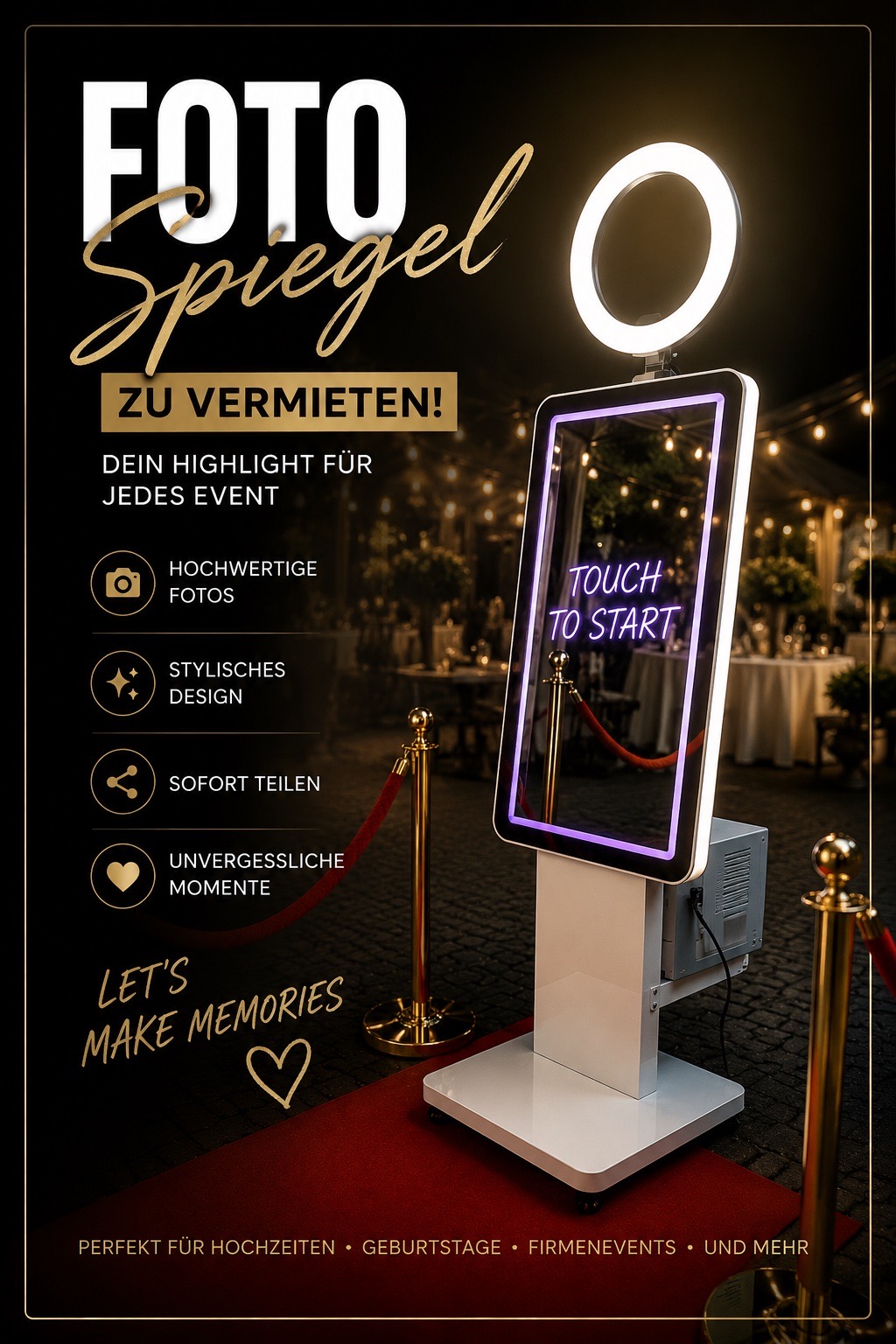 Foto Spiegel zu vermieten — dein Highlight für jedes Event: hochwertige Fotos, stylisches Design, sofort teilen. Let's make memories.